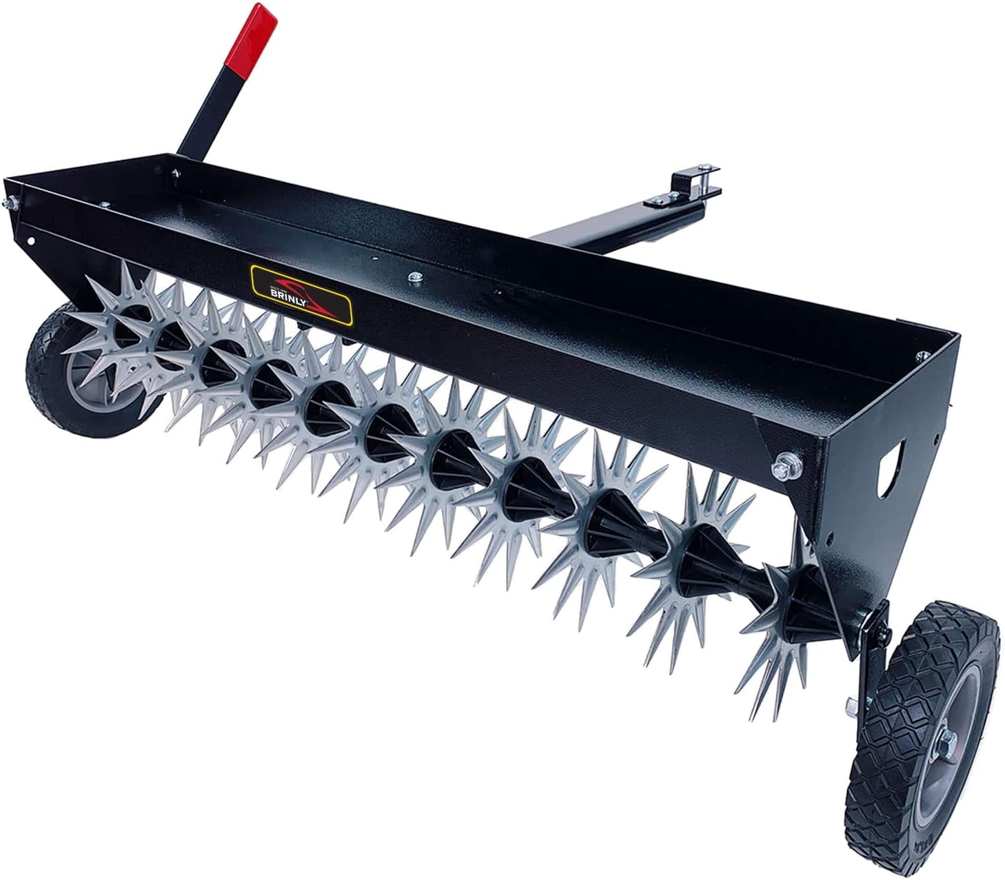 Rugerasy 40Inch Tow Behind Aerator,Tow Behind Plug Aerator with Transport Wheels,Steel Teeth,Tray,Pull Behind Aerator with Adjustable Handle for Farm,Garden,Black