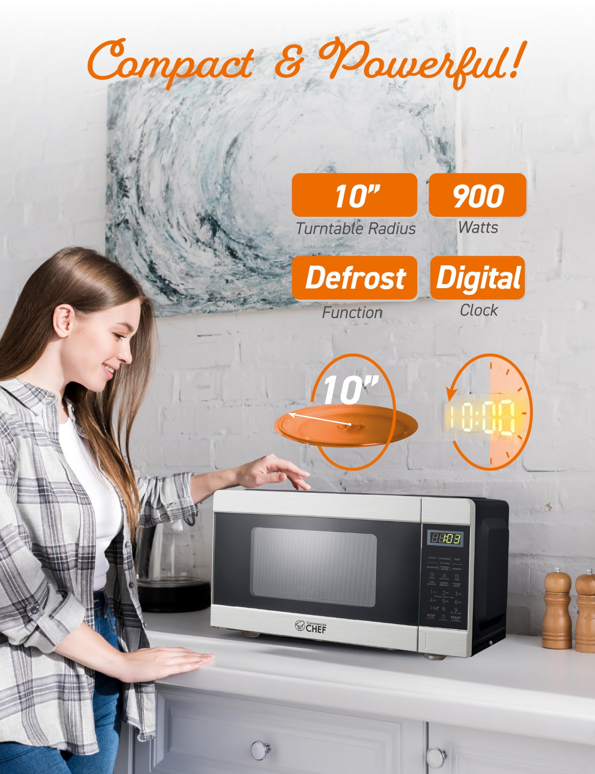 Commercial Chef CHM009 Countertop Microwave 900W, 0.9 cu. ft., Stainless Steel and Black, Small