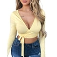 thumbnail image 6 of Qiylii Women Sexy Slim Crop Tops Deep V-Neck Front Lace-up Base Shirt, 6 of 6