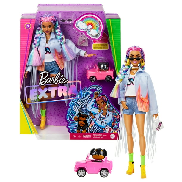 Barbie Extra Doll 5 in LongFringe Denim Jacket with Pet Puppy for