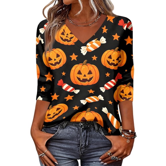 Women's Halloween T-Shirt Plus Size V-Neck 3/4 Sleeve Top, Witchy Print Halloween Blouse Fall Party and Casual Outfit 01-Black L