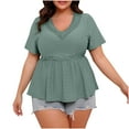 thumbnail image 2 of Yourumao Eyelet Plus Size Tops for Women Lace Trim V Neck Peplum Shirts Comfy Short Sleeve Flowy Tshirts Dressy Casual Blouses for Summer Holidays Green XXXL, 2 of 7