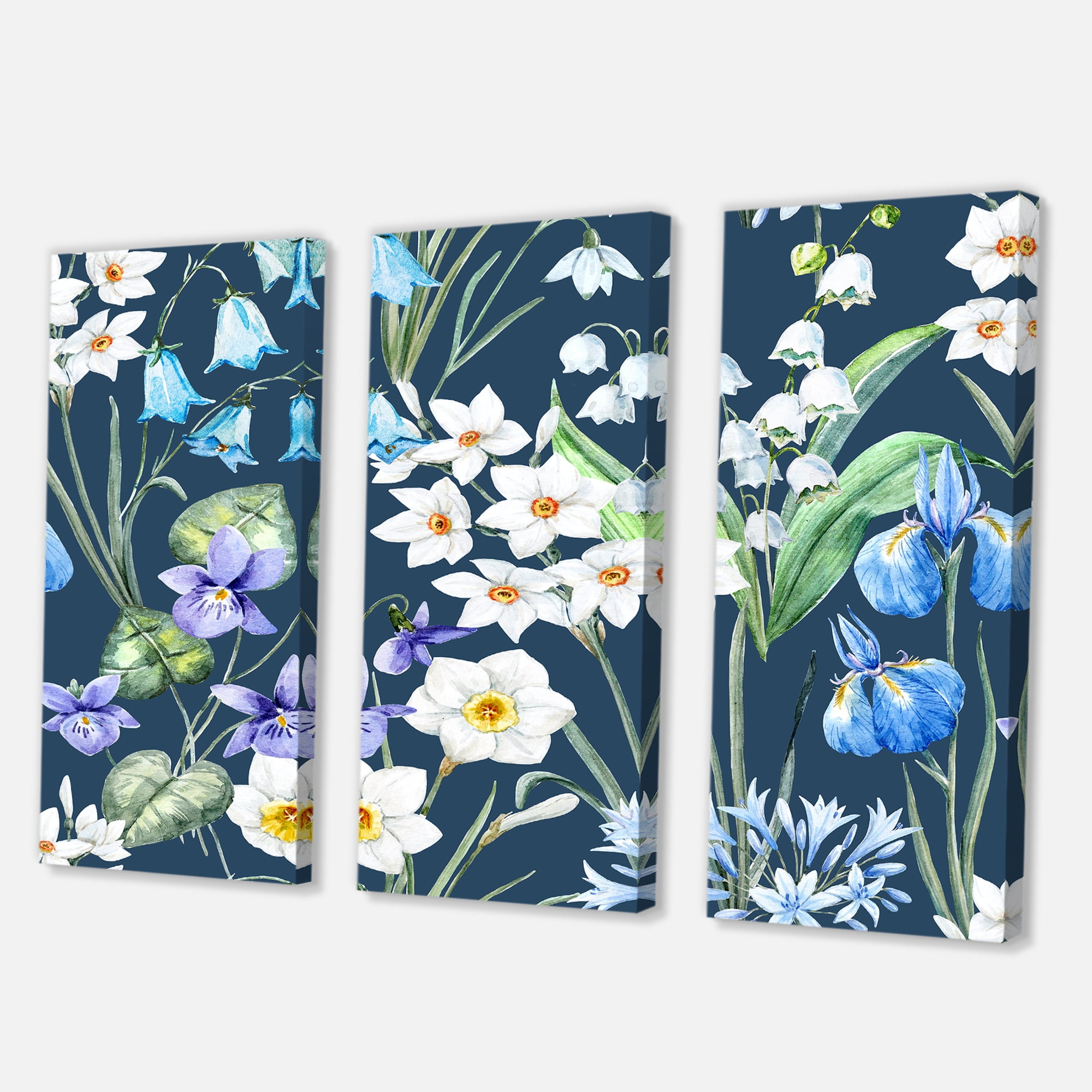 Designart ' Blue and White Spring Flowers On Dark Blue ' Traditional Canvas Wall Art Print