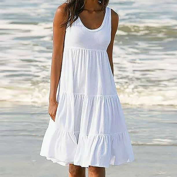 Vestidos de verano para mujer UMfun, moda para vacaciones, verano, color sólido, sin mangas, fiesta, playa, vestido blanco