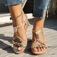thumbnail image 3 of IUJSOY Wedge Sandals for Women Low Heel T-Strap Braided Beaded Elastic Ankle Strap Sandals, 3 of 9
