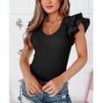 thumbnail image 3 of Body con cuello en V y manga con volantes para mujer, camiseta básica ajustada a presión con parte inferior elástica, mono negro M, 3 of 7