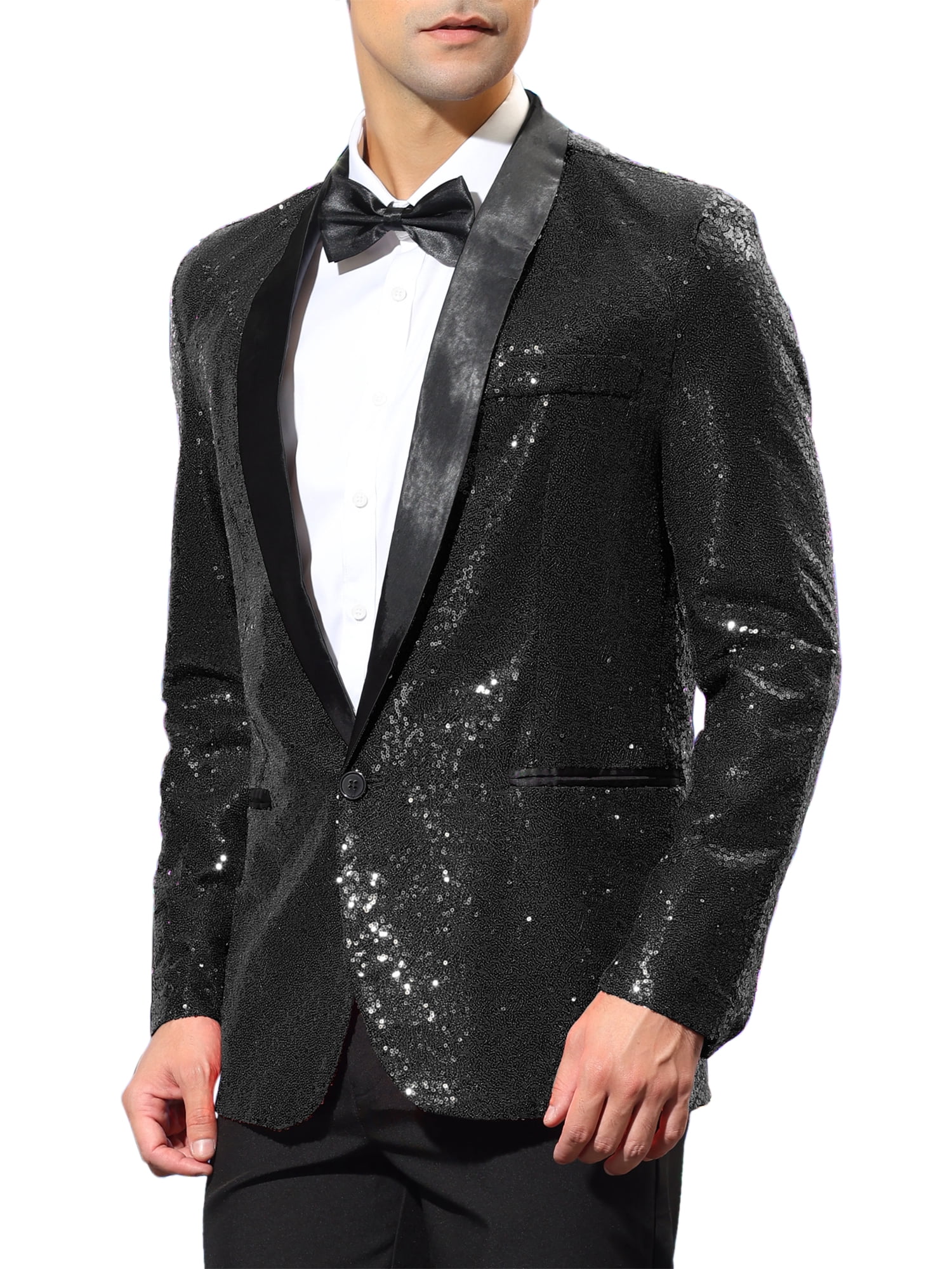 Unique Bargains Men's Sequin Sport Coats Shawl Lapel One Button Wedding Shiny Blazer XL Black