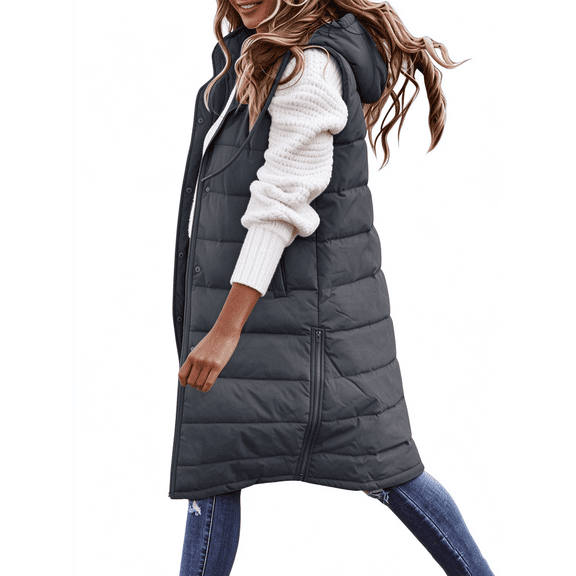 Busydd Plus Size Womens Puffer Vest Warm Comfy Zipper Winter Vest for Women Casual Oversized Solid Color Sleeveless Women's Outerwear Vests with Pockets and Detachable Hat Collar