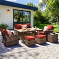 thumbnail image 2 of MEISSALIVVE 7 Pieces Patio Furniture Set with Dining Table, Outdoor Wicker Conversation Set with 2-Seat Sofa, Wicker Armrest Swivel Chairs, 2 Ottomans, Red, 2 of 8
