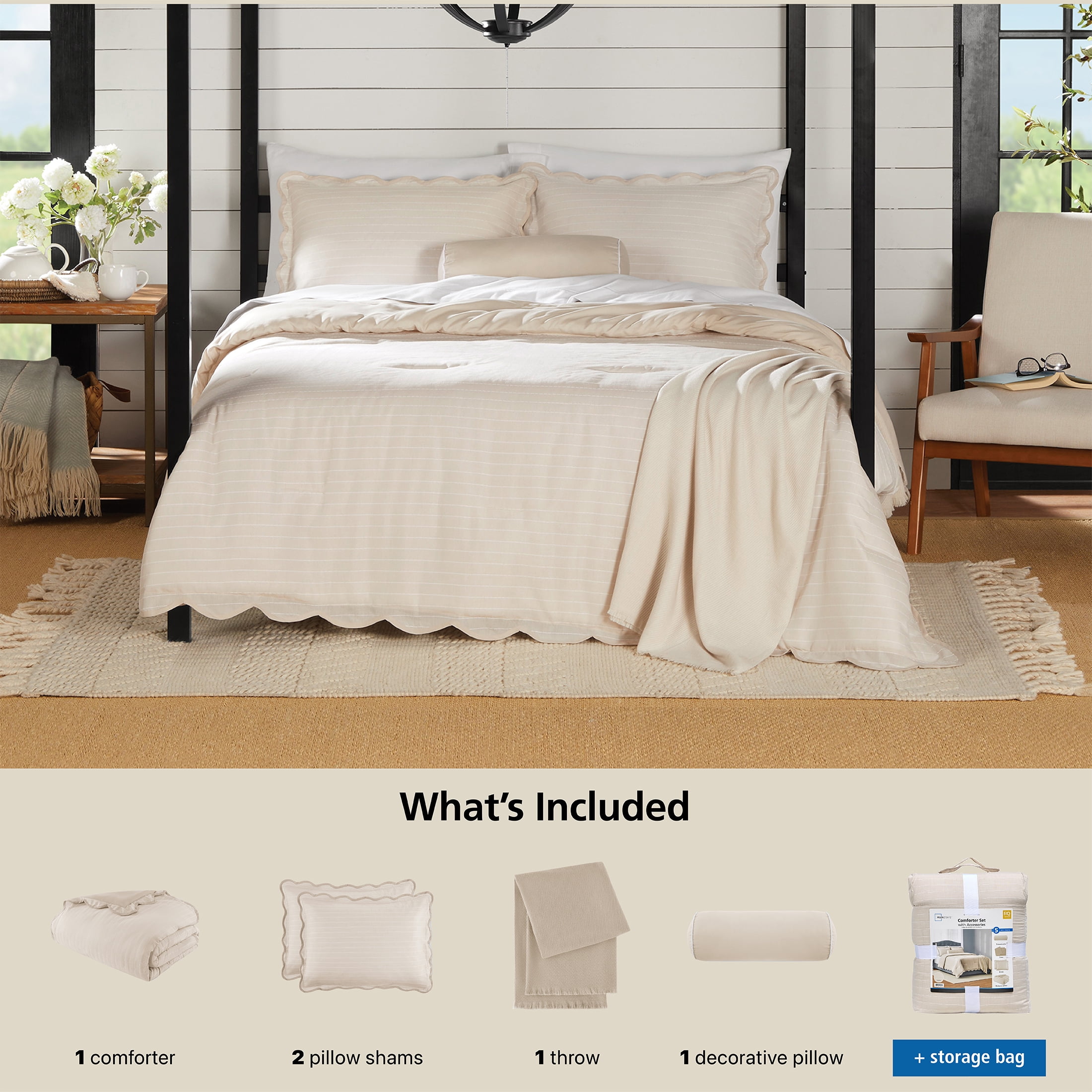 Mainstays King Comforter Set, All-Season, 5-Piece, Tan Pick Stitch Scallop