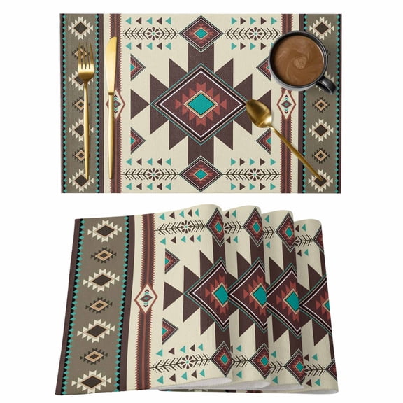 Brown Southwest Placemats Set of 4, Cotton Linen Fabric Place Mats, Ethnic Boho Tribal Vintage Geometric Washable Decorative Table Mats Protector for Home Kitchen Dining Wedding Party Coffee Tables