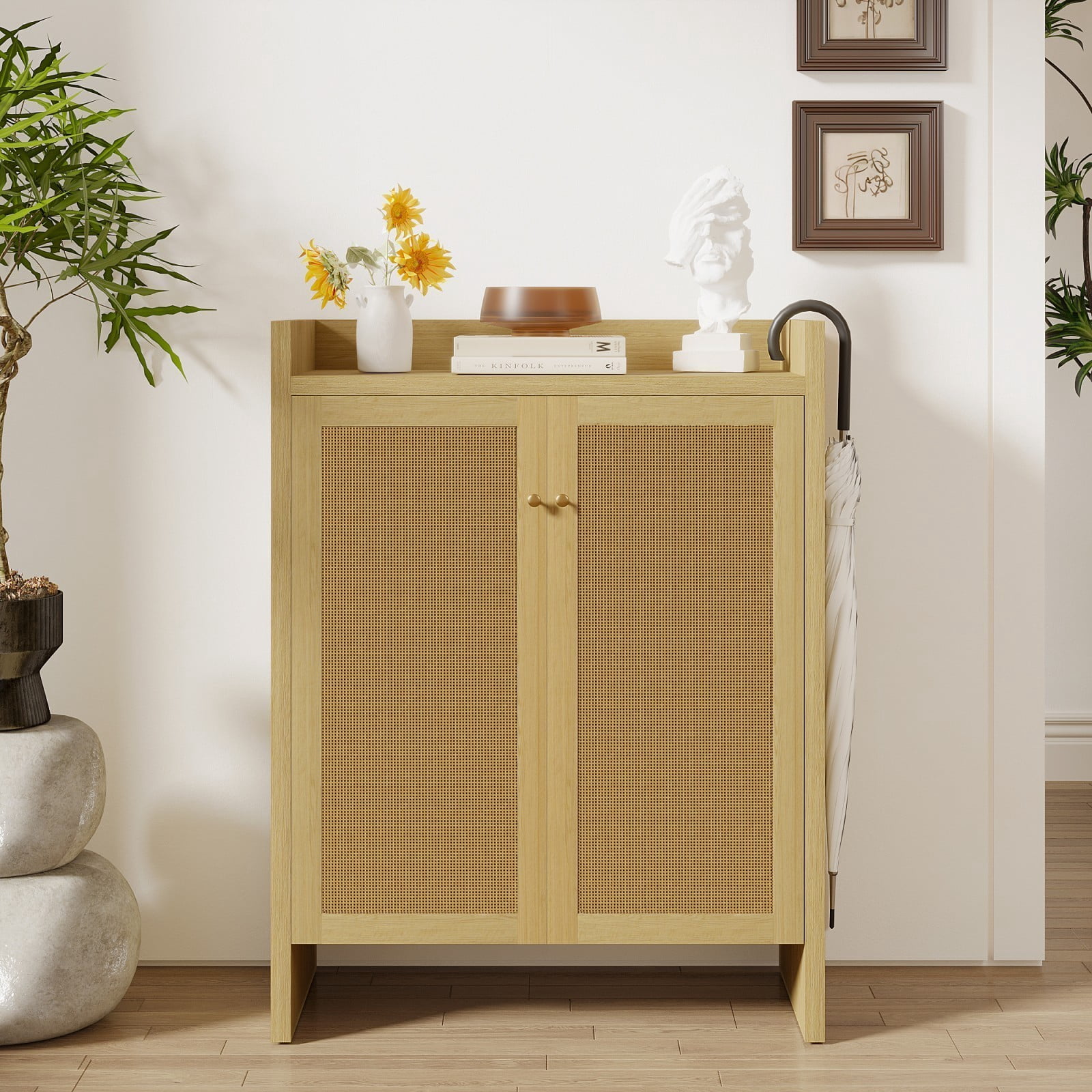 42.5" Tall Rattan Shoe Cabinet with Doors, 6-Tier Wooden Shoe Storage Organizer with Adjustable Shelves for Entryway Hallway, Natural