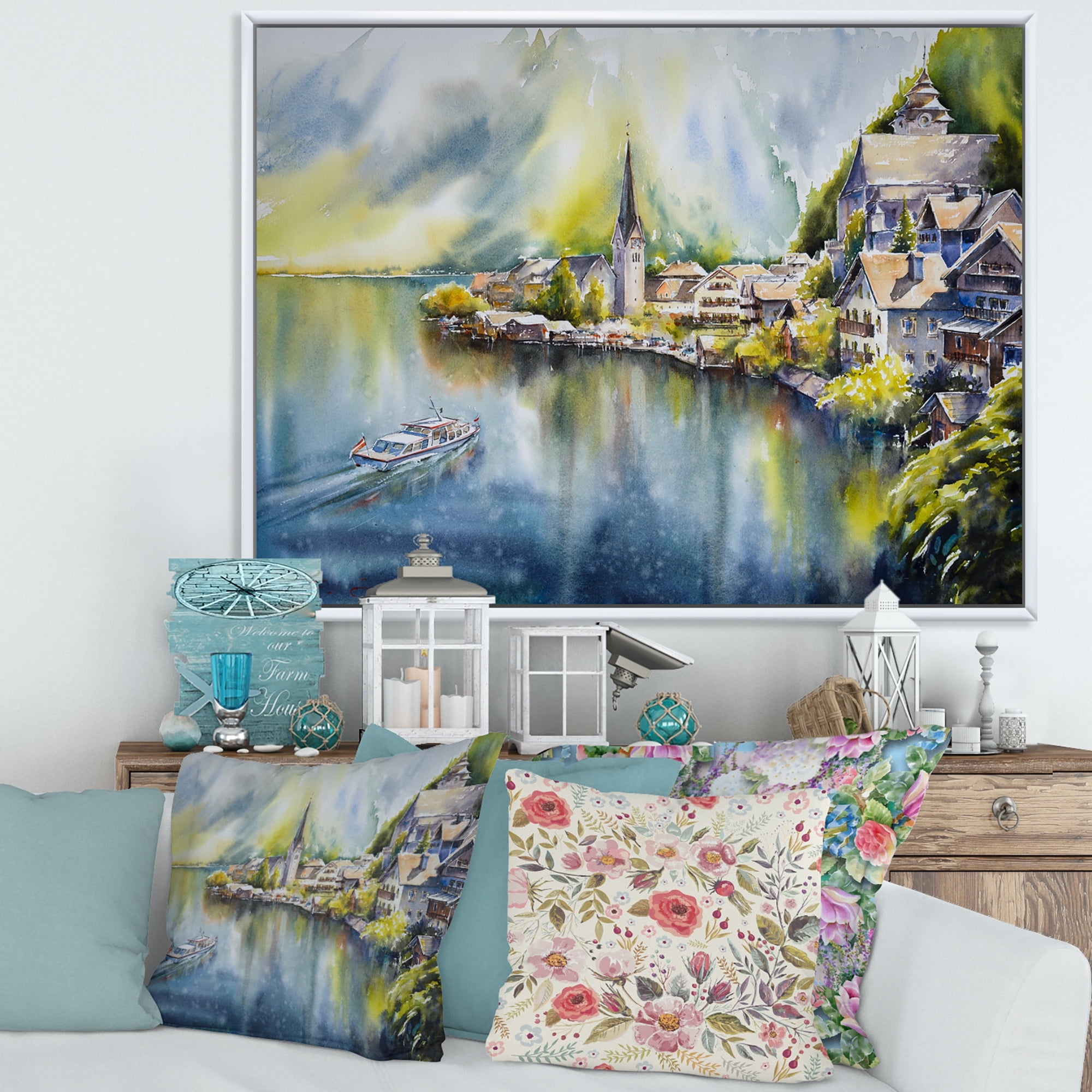Designart 'The River In Austria Through Mountain Village' Nautical & Coastal Framed Canvas Wall Art Print