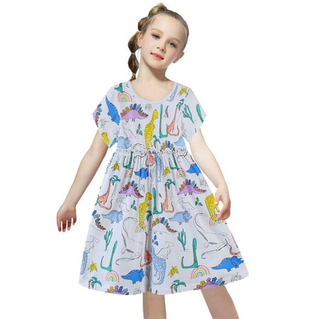 

CHUOU Toddler Girls Child Short Sleeve Dinosaur Prints Summer Beach Sundress Party Dresses Princess Dress