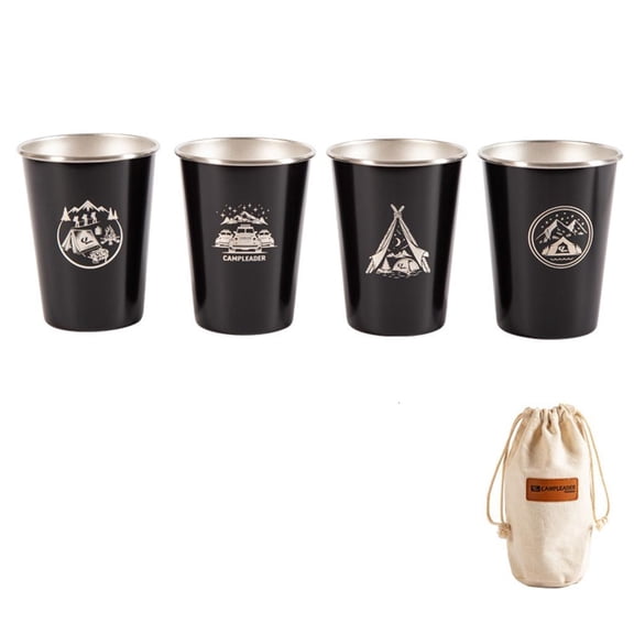 Yihuala 4 Pieces 350ml Stainless Steel Outdoor Camping Cup with Drawstring Storage Bag Travel Stackable Drinking Water Coffee Mug Tableware