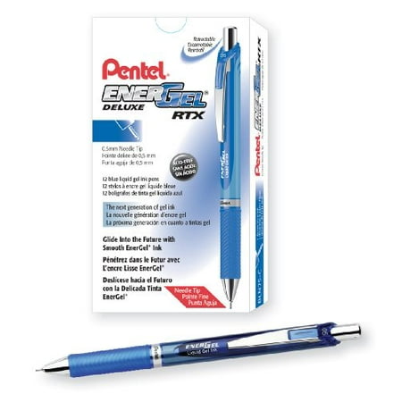 Pentel EnerGel Deluxe RTX Retractable Liquid Gel Pen, Fine Line, Needle Tip, Blue Ink, Box of 12