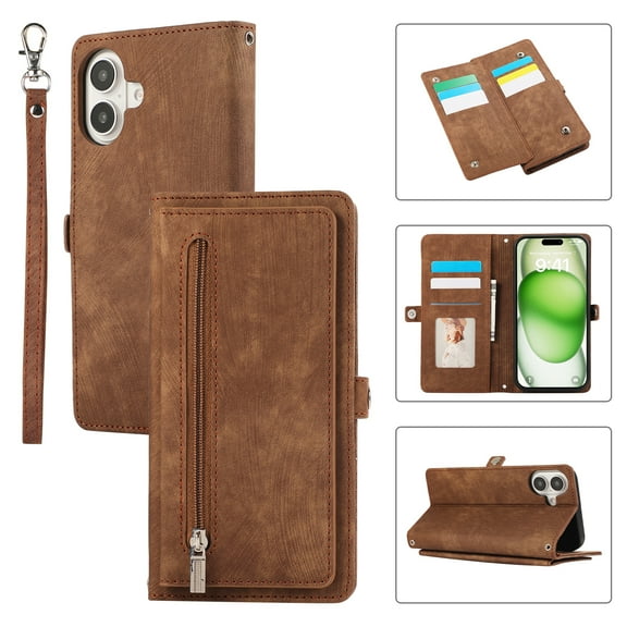 Zipper Wallet Case for iPhone 16 with Wrist Strap, Premium PU Leather Folding Kickstand Card Holder Flip Case Magnetic Closure Full Body Protection for iPhone 16, Brown