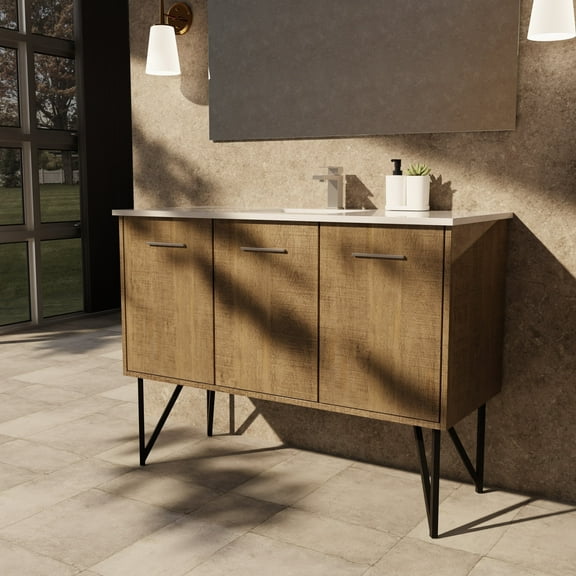 Lancy 48 in W x 20 in D Rustic Acacia Bath Vanity, White Quartz Top, Gun Metal Faucet Set and 43 in Mirror