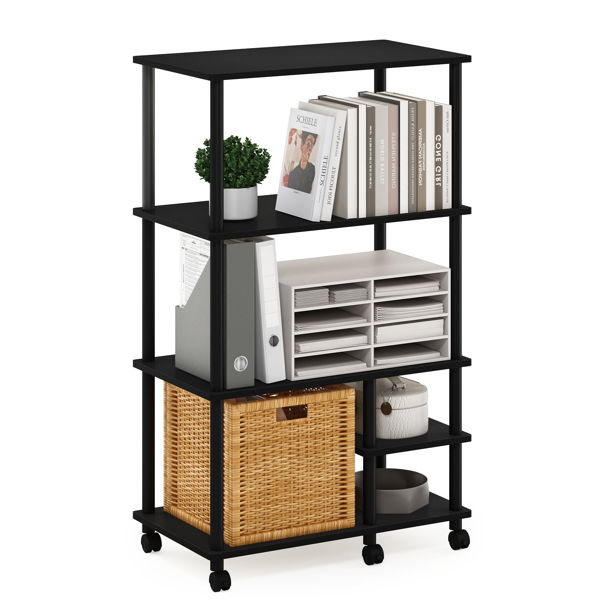Furinno Turn-N-Tube 4-Tier Toolless Multipurpose Printer Stand Display Storage Shelf with Wheels, Americano/Black