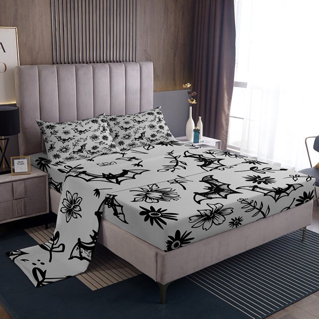 Erosebridal Cartoon Bat Sheet Set King, Halloween Bedding Sets King Size, Boho Botanical Decor 4pcs
