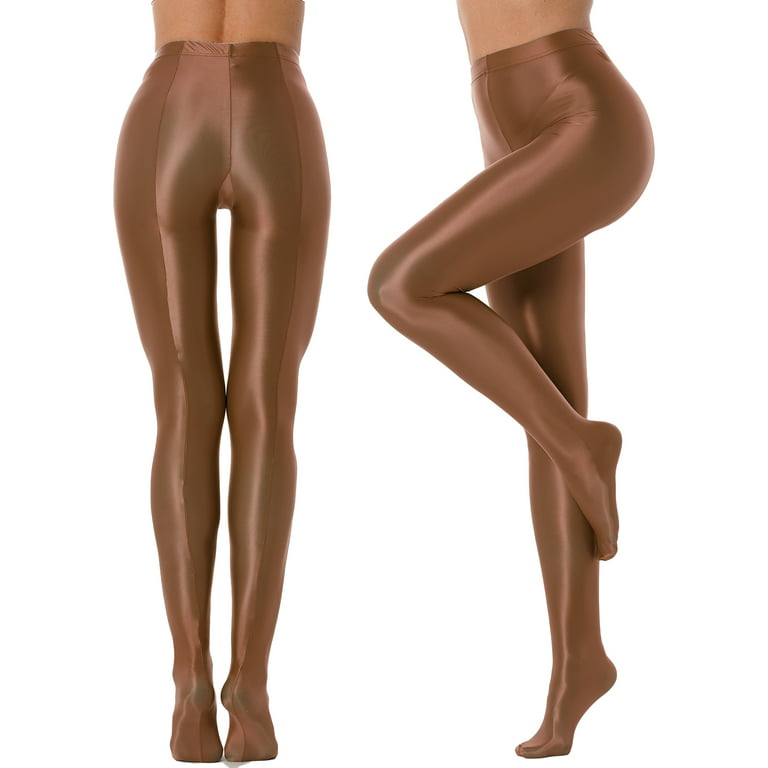 inhzoy Woman Shiny Oil Glossy Footed Pantyhose Tights Leggings Coffee M