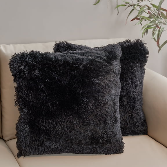 Cheer Collection Set of 2 Shaggy Hair Decorative Throw Pillows - 20x20, Black