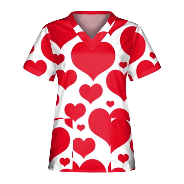 TIMIFIS Hauts de Sarrau de la Saint-Valentin pour Femmes Imprimés Uniforme de Travail à Manches Courtes Col en V Blouse T-shirt de Travail avec Poches - Imprimé Rouge