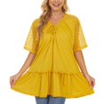 thumbnail image 2 of Tops fruncidos para mujer, cuello en V, costuras de encaje, dobladillo fruncido, manga corta, blusa informal para mujer para fiesta en la calle, oficina, amarillo S, 2 of 6