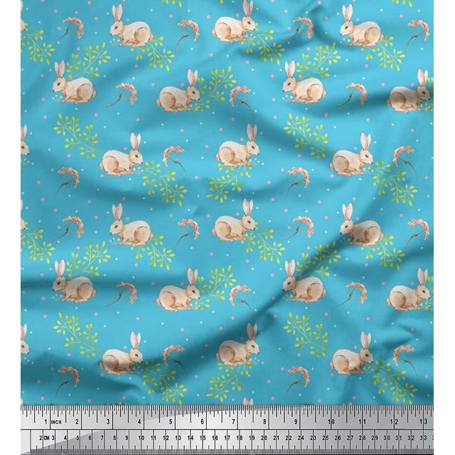 Soimoi polyester Crepe Fabric Dot,Leaves & Rabbit Animal Printed Fabric 1 Yard 52 Inch Wide
