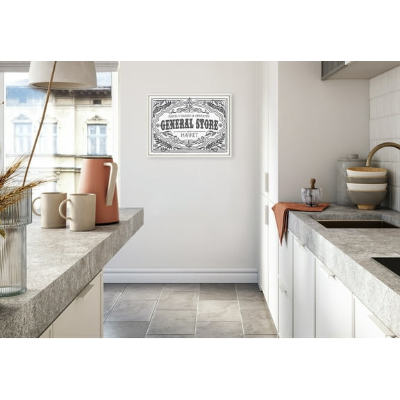 Kate and Laurel Sylvie General Store Family BW Framed Canvas Wall Art by Border Bloom, 18x24 Natural, Cute Americana Kitchen Decor for Wall