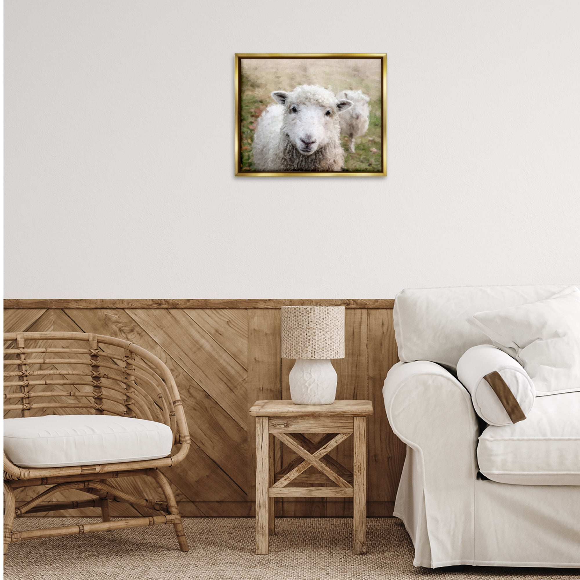 Stupell Industries Close Up Sheep Gaze Animals & Insects Painting Gold Floater Framed Canvas Art Print Wall Art, 21 x 17