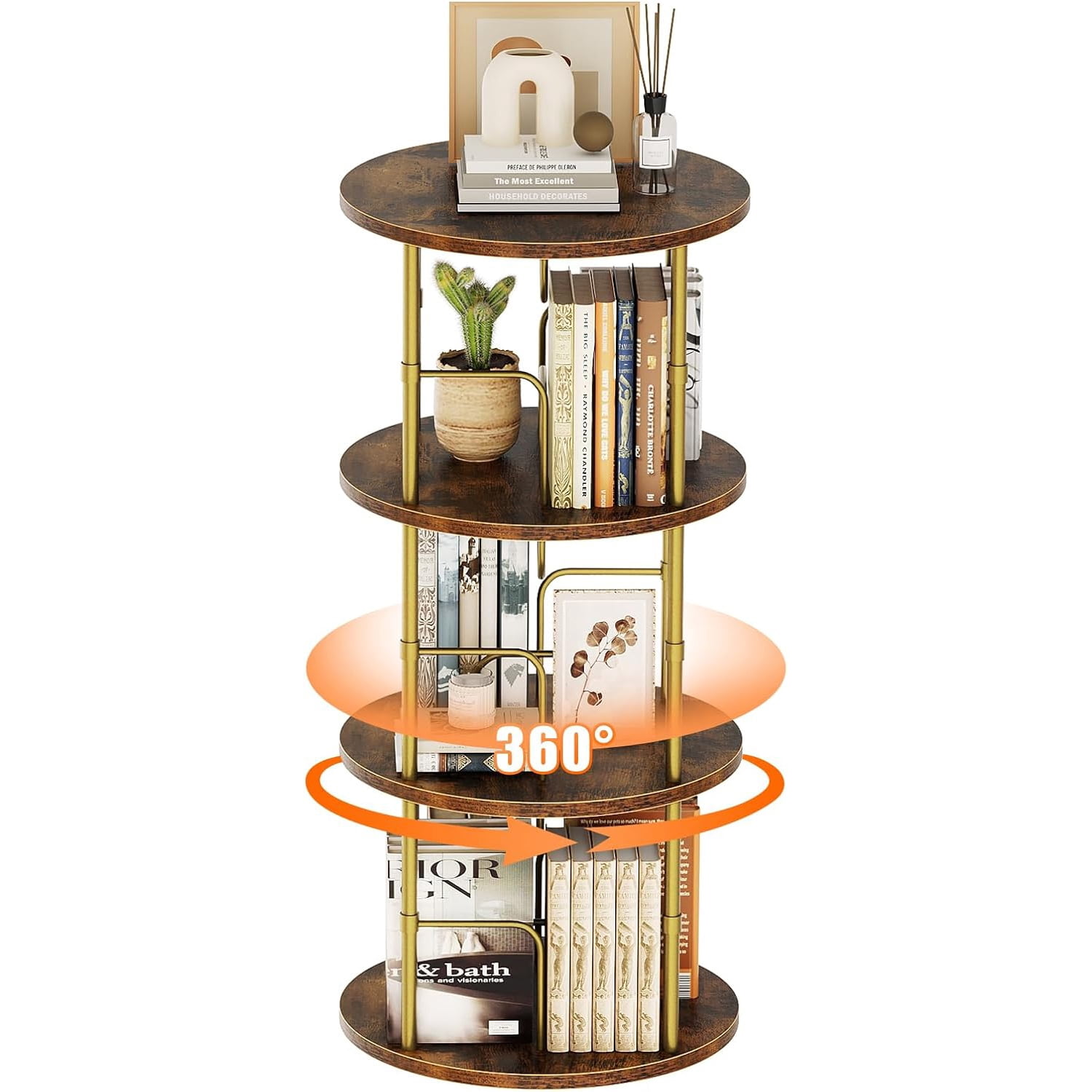 Flycity 3 Tier Rotate Bookcases, 360° Display Spin Bookcases Corner Shelf with Special Visible Partition Storage, Gold