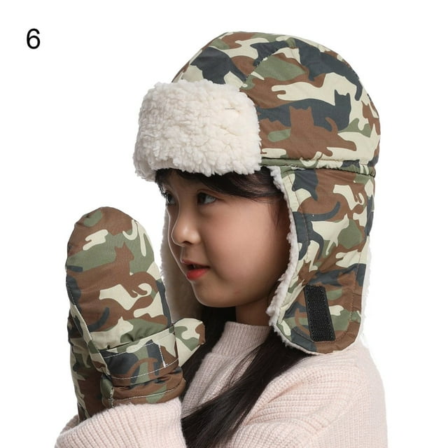 1 Ensemble Chapeau Gants Motif Animal Camouflage Automne Hiver Chaud avec Rabat pour Extérieur