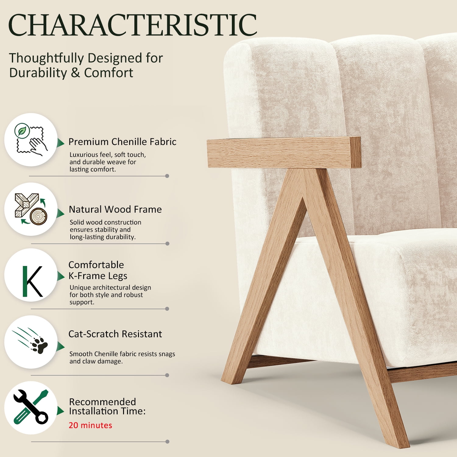 Modern Accent Chair Set of 2 for Living Room Bedroom,Comfy Chenille Reading Chair with Wood Frame,Upholstered Lounge Armchair with Thick High-Elastic Sponge for Apartment & Waiting Room,White