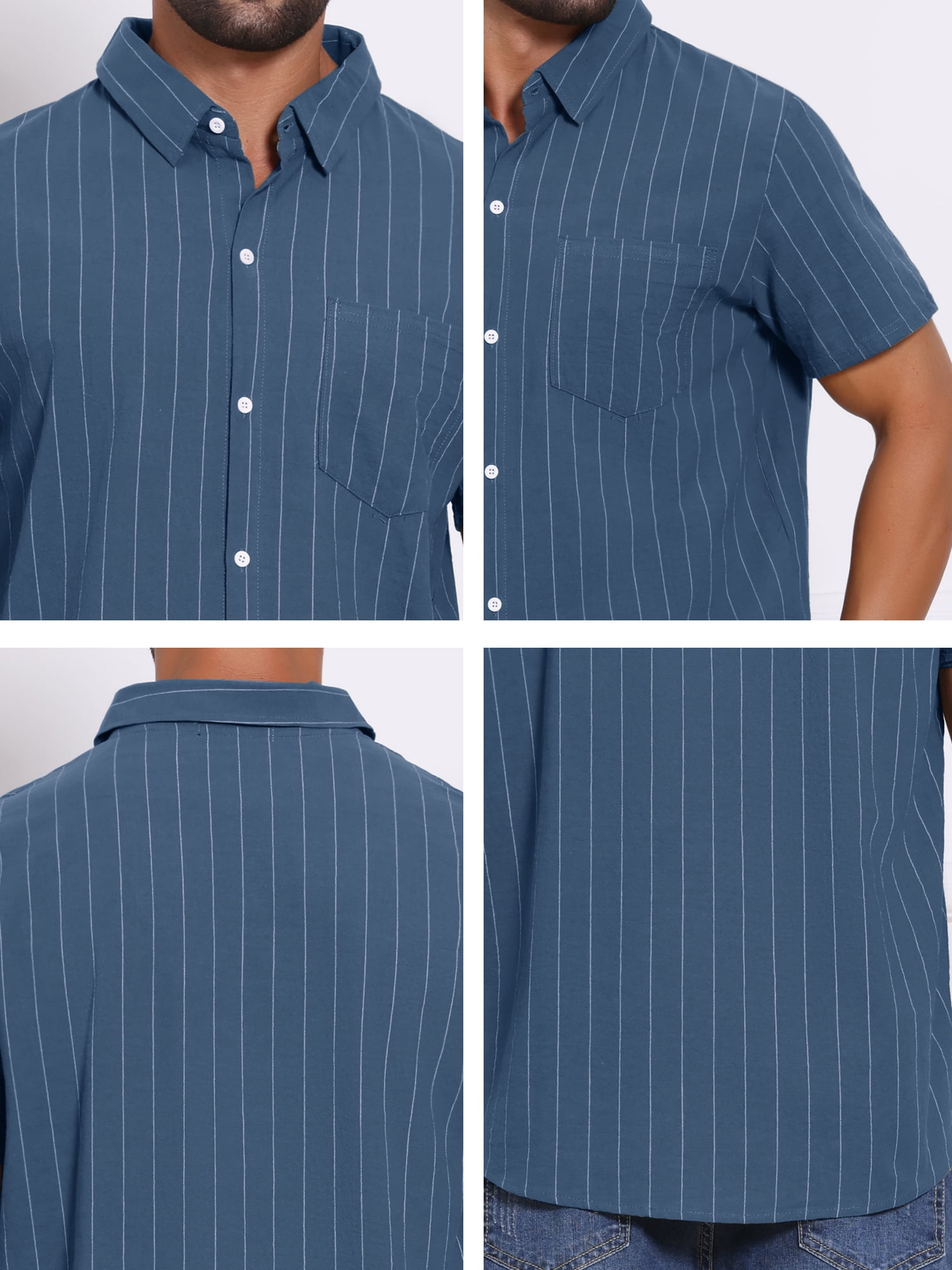 DARING DIVA Men's Point Collar Short Sleeve Button Down Stripes Shirts L Dark Blue