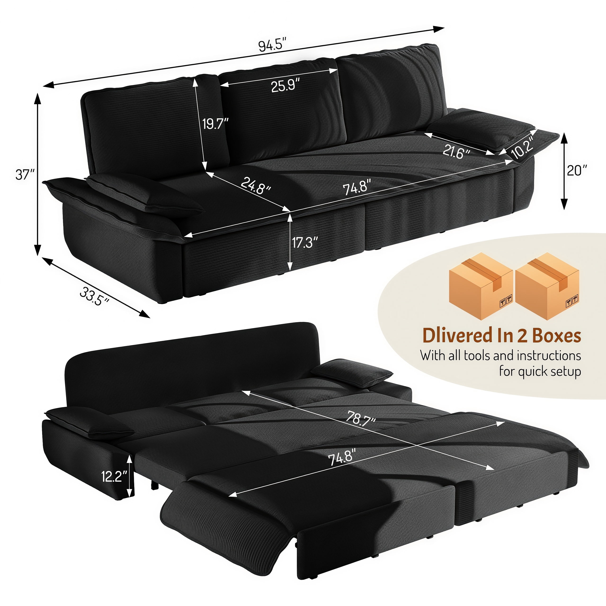 3-in-1 King Size Sleeper Sofa Bed, 94.5" Corduroy Convertible Pull Out Couch with Steel Frame, Modern Folding Lounge Sofa for Living Room, Black