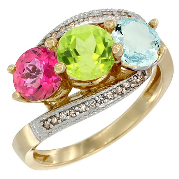 14K Yellow Gold Natural Pink Topaz, Peridot & Aquamarine 3 stone Ring Round 6mm Diamond Accent, size 9.5