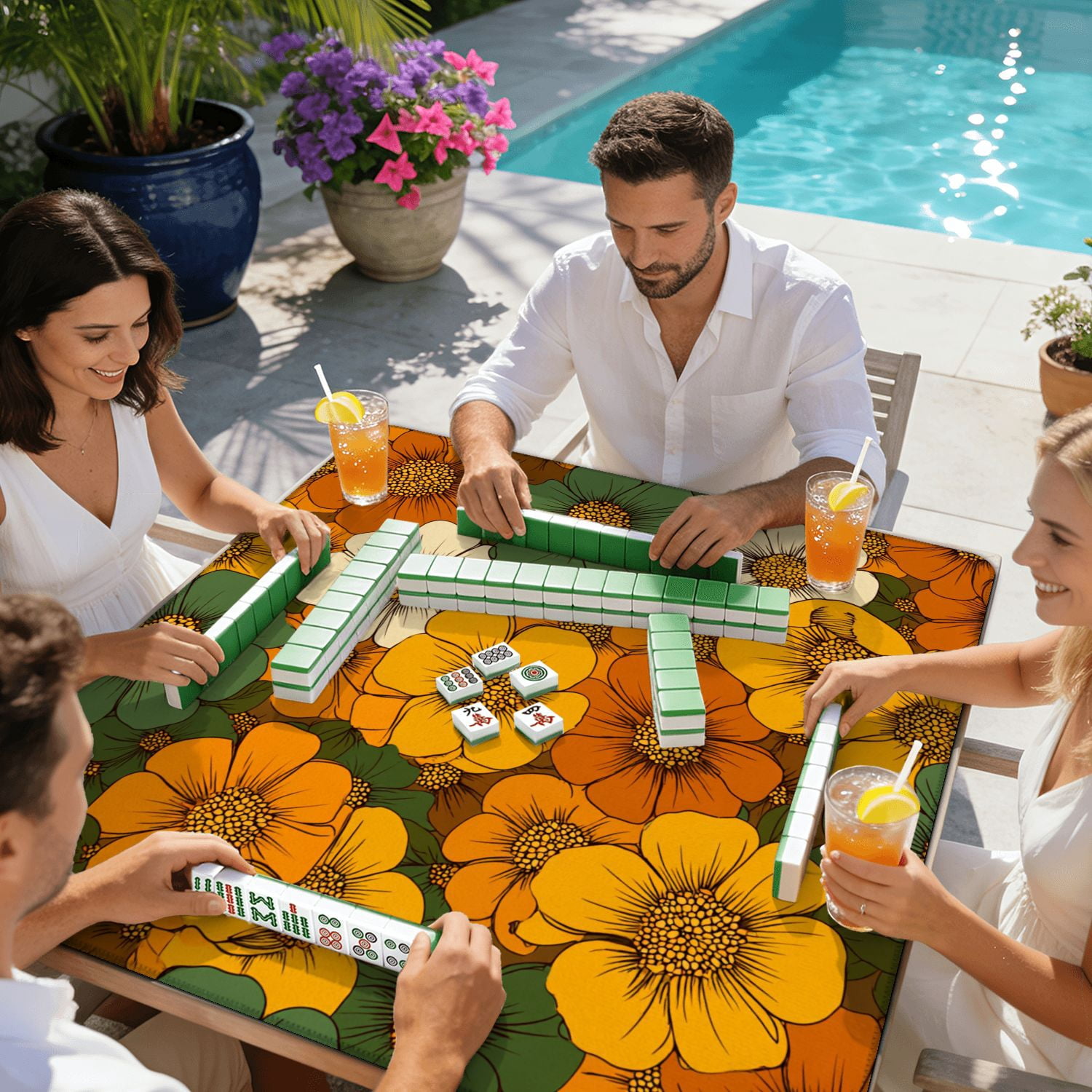 Mahjong Mat 31.5" x 31.5" Colorful Large Scale Hand Drawn Floral Seamless Retro Non-Slip Noise Reduction American Mahjong Tiles Table Cover for Dominoes Poker Card Board Games Gift
