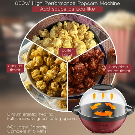 Costway - 6QT Stirring Popcorn Machine Popcorn Popper Maker with Nonstick Plate - Red