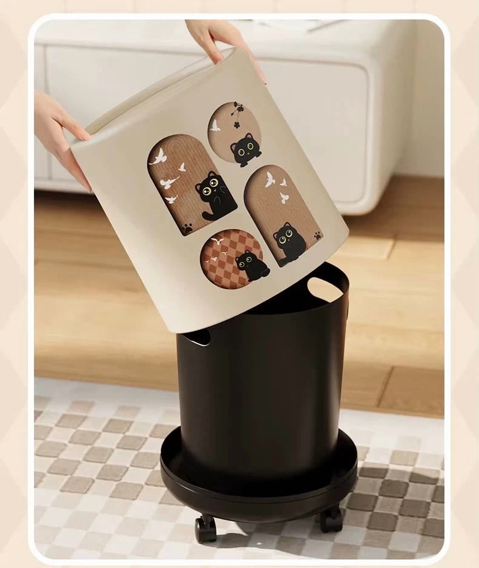 DFS 12L Compact Trash Can with Lid and Wheels, Space Saving Cat Design Trash Bin with Odor Control for Home, Bathroom, Office