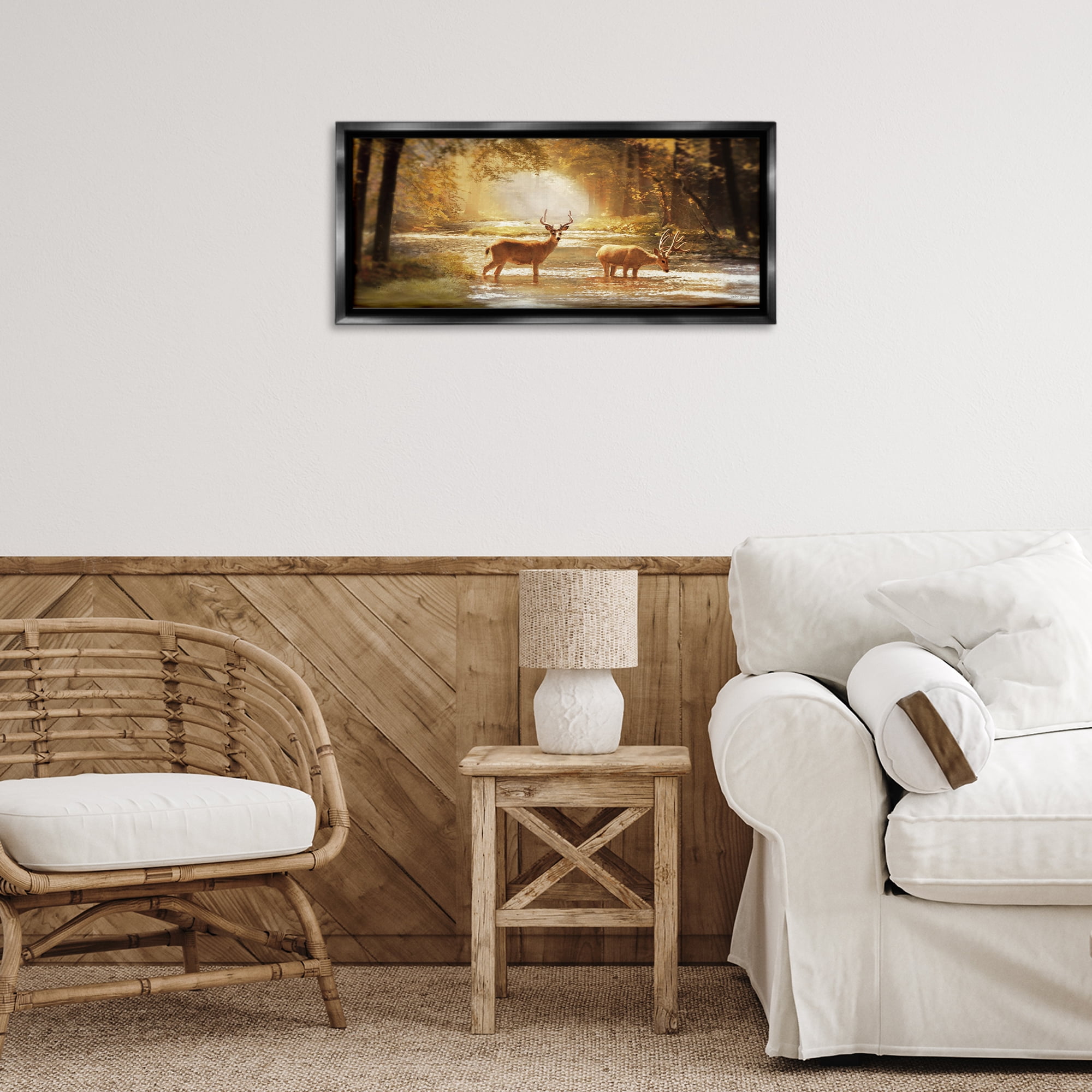 Stupell Industries Deer in Sunlit Grove Landscape Painting Black Floater Framed Art Print Wall Art, 25 x 11