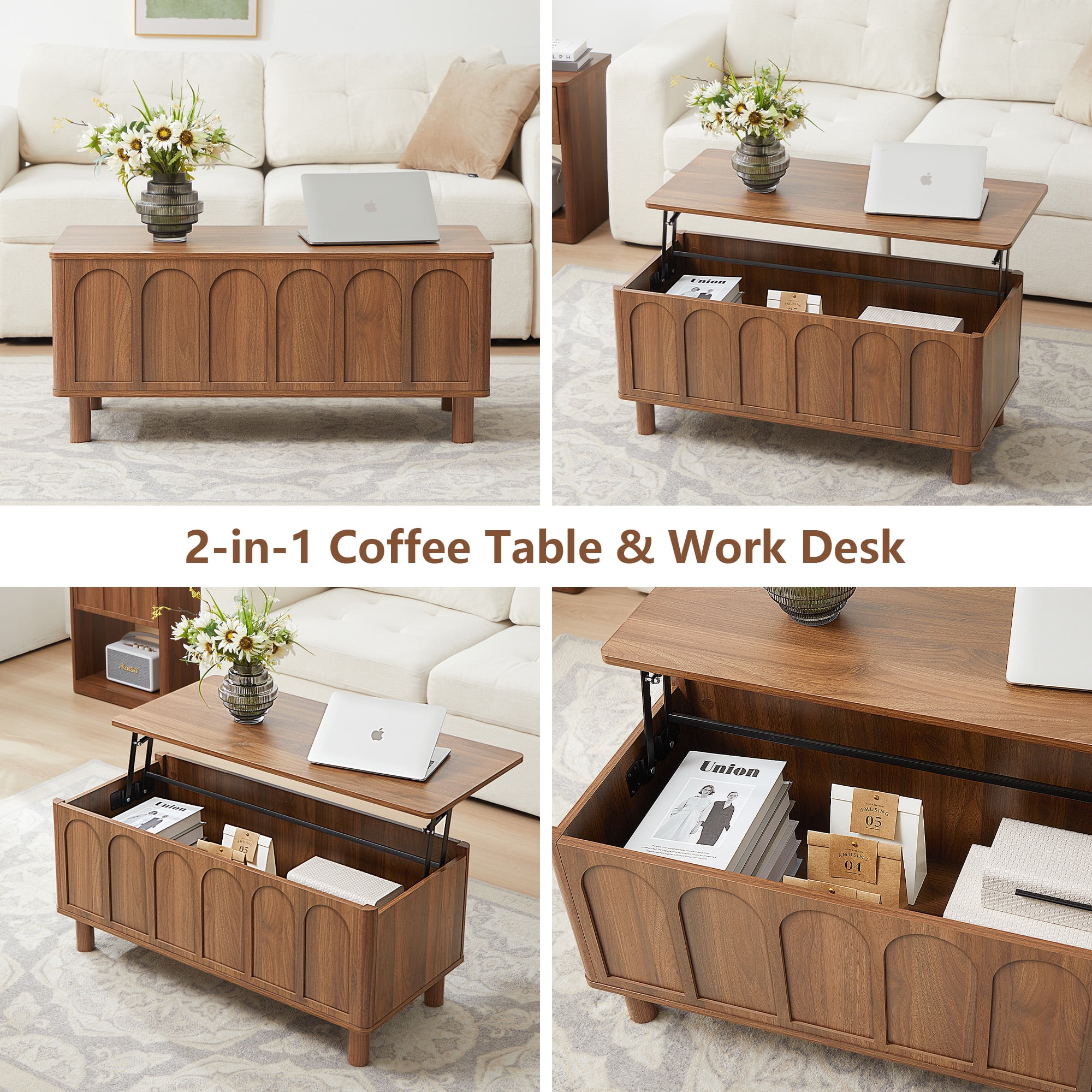 YOCWO Lift Top Coffee Table with Hidden Compartment & Storage Shelve, Arched Fluted Coffee Table for Living Room, Walnut