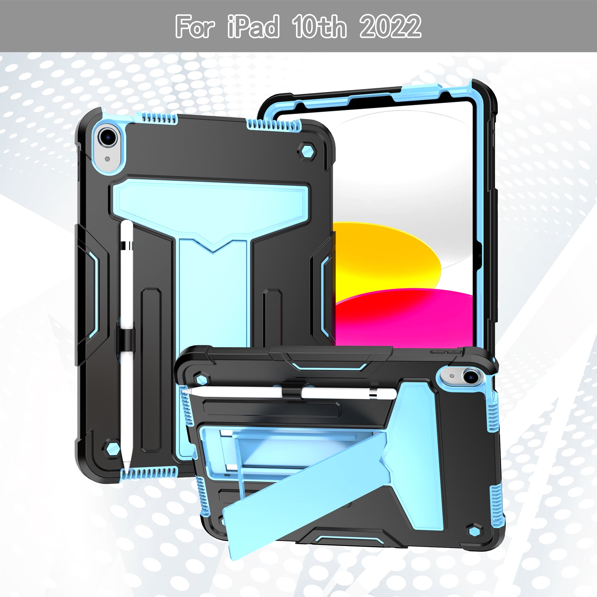 Tarise for iPad 10th Generation Case with Pencil Holder & Kickstand, Shockproof Drop Proof Kids Friendly Rugged Full Body Protective Case Cover for Apple iPad 10.9 Inch 10th Gen 2022, Black+Blue