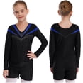 thumbnail image 2 of Aislor Kids Girls Shiny Beads Long Sleeve V Neck Gymnastic Leotard Dance Yoga Bodysuit with Shorts Blue 6, 2 of 7