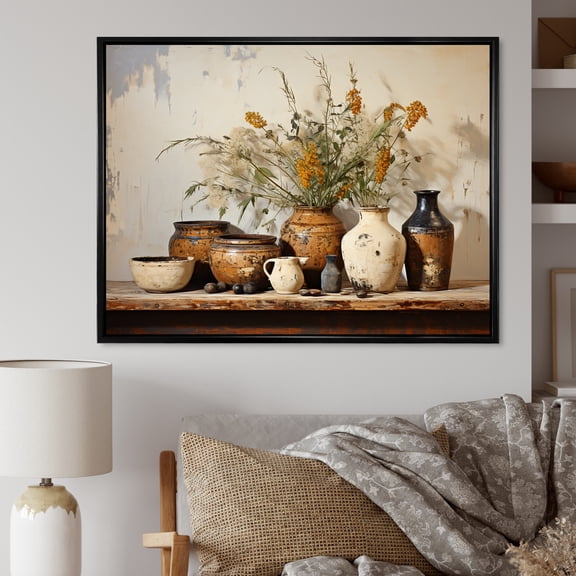 Designart "Vintage Artifacts of Floral Pottery in Brown" Geometric Framed Wall Art - Bohemian Brown Boho Pottery Living Room Framed Canvas Art