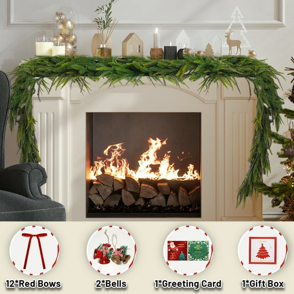 Christmas Norfolk Pine Garland, 9 ft Artificial Cedar Garlands Realistic Touch , Winter Greenery Garland for Holiday with 12 pcs Velvet Christmas Bows and 2 pairs Christmas Bells