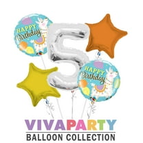 Happy Birthday Llama Round Balloon Bouquet 5 pc, 5th Birthday, Silver Number 5 Jumbo Balloon | Viva Party Balloon Collection