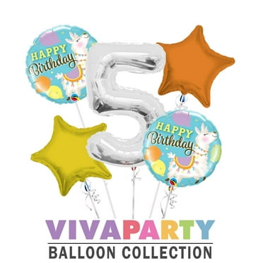 Happy Birthday Llama Round Balloon Bouquet 5 pc, 5th Birthday, Silver Number 5 Jumbo Balloon | Viva Party Balloon Collection