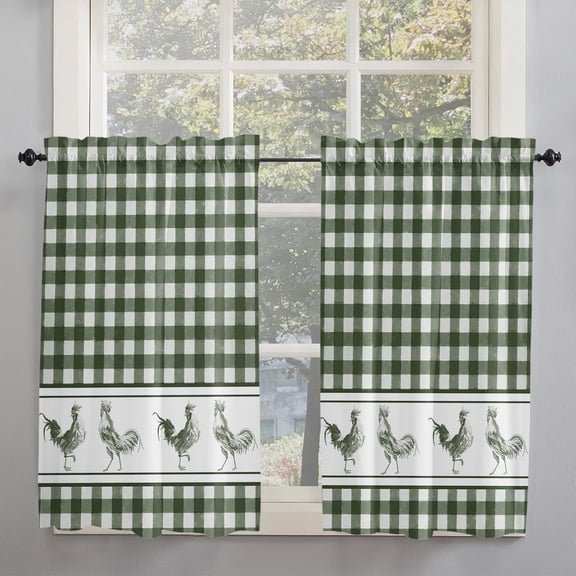 Kitchen Curtain 2 Panels Curtains 54 Inch Length, Farmhouse Rooster Checkered Curtains Rod Pocket Curtains Window Drapes Treatment Window Cafe Curtains Watercolor Green and White Plaid 42x54x2