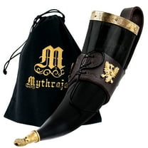 Mythrojan Viking Drinking Horn Mug with Brown Leather Holder and Canvas Bag Drinking Vessel for Wine Mead Mug Beer Cup Home Decor Unique Gift 11.83 oz
